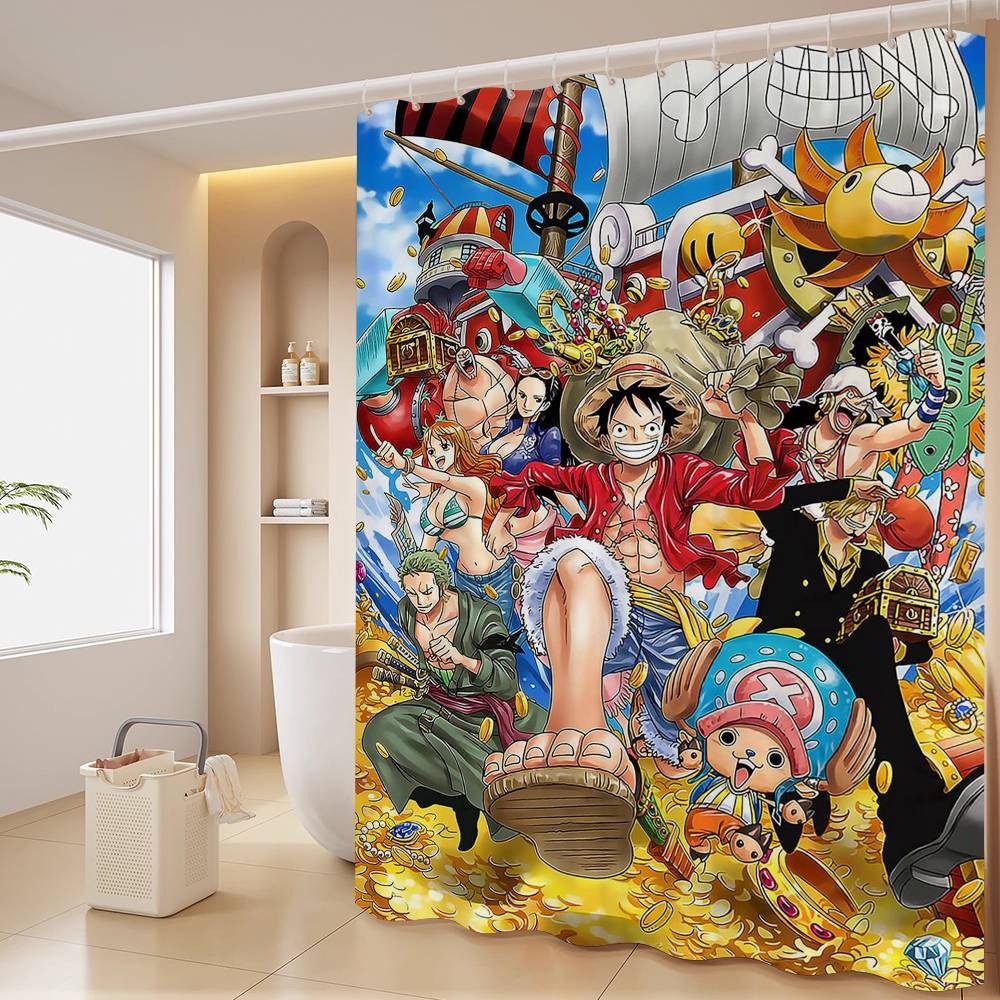 Anime O-ONE P-PIECE Shower Curtain Outdoor Scenery Summer Vacation Bathroom Decor Holiday Polyester Bath Curtain With Hooks