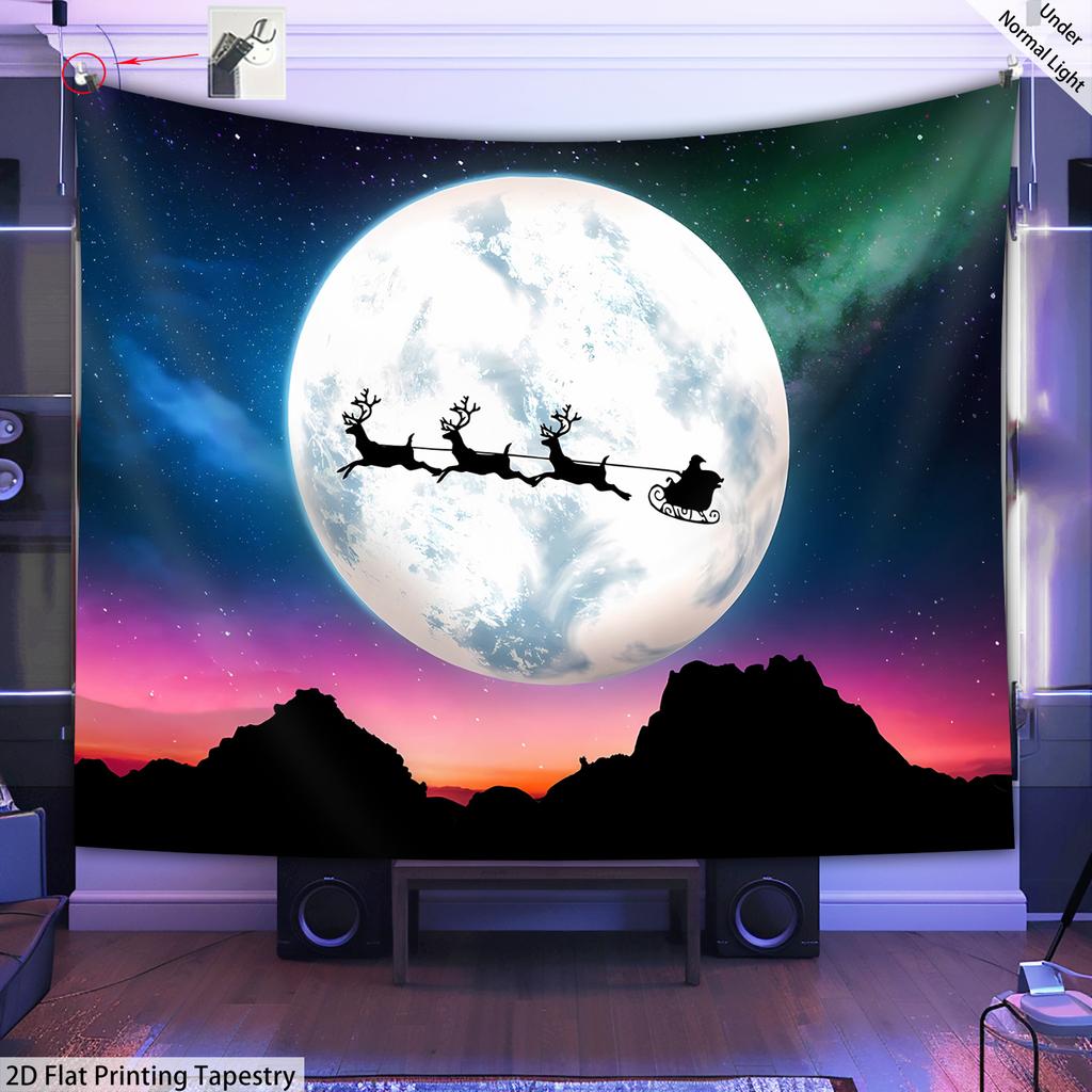 Christmas Sleigh Santa Claus Fluorescent Tapestry Outer Space UV BlackLight Tapestry, Wall Hanging For Living Room Bedroom Office Home Decor