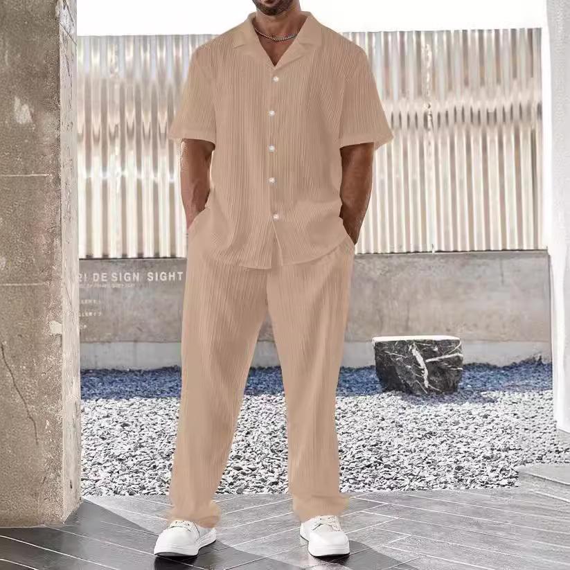 Men's Commuter Suit Casual Button Shirt and Short Sleeve Pants Two-piece Set for Men