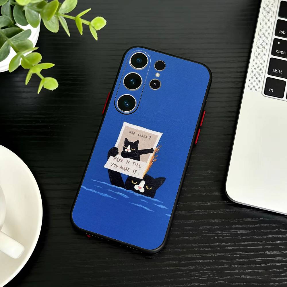 Black Whimsical cat Phone Case For Samsung S26,S25,S24,S23,S22,S21,S20,Plus,Fe,Lite,Others Black Cover