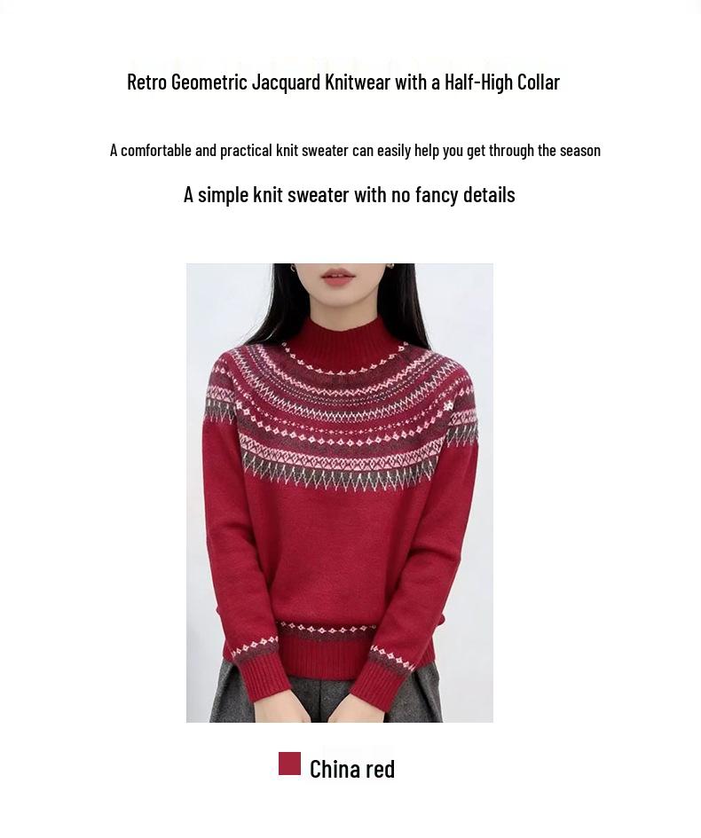 Fair Isle Women's Retro Cashmere Sweater - French Style Round Neck Pullover, Long Sleeve Knitwear