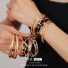 Gold Tone Geometric Leopard Print Layered Open Cuff Bracelet Minimalist Vintage Style Womens Fashion Jewelry