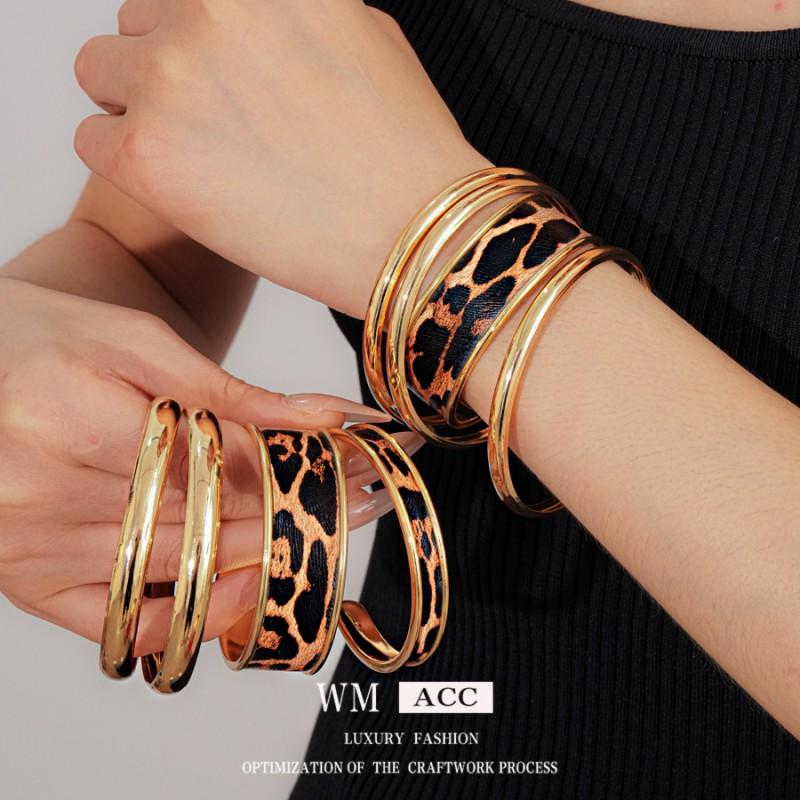 Gold Tone Geometric Leopard Print Layered Open Cuff Bracelet Minimalist Vintage Style Womens Fashion Jewelry