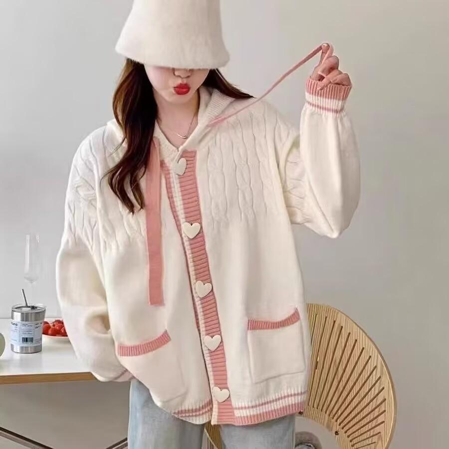 Jmprs Cute Sweet Cardigan Sweaters Women Lazy Wind White Knitted Coats Long Sleeve Loose Female Japan Kawaii Elegant Hooded Tops