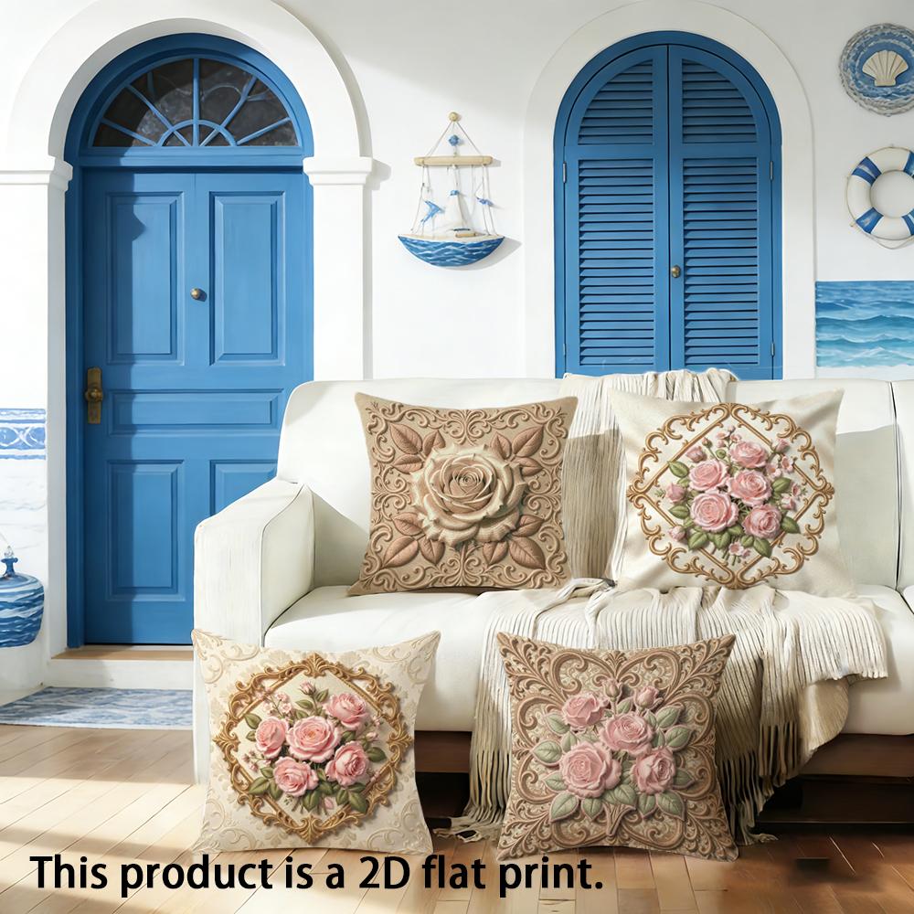 1/4pcs Floral-Patterned Decorative Cushion Covers Sofa Bed Cushion Cover Home Bedroom Decoration, 2D Flat Printing