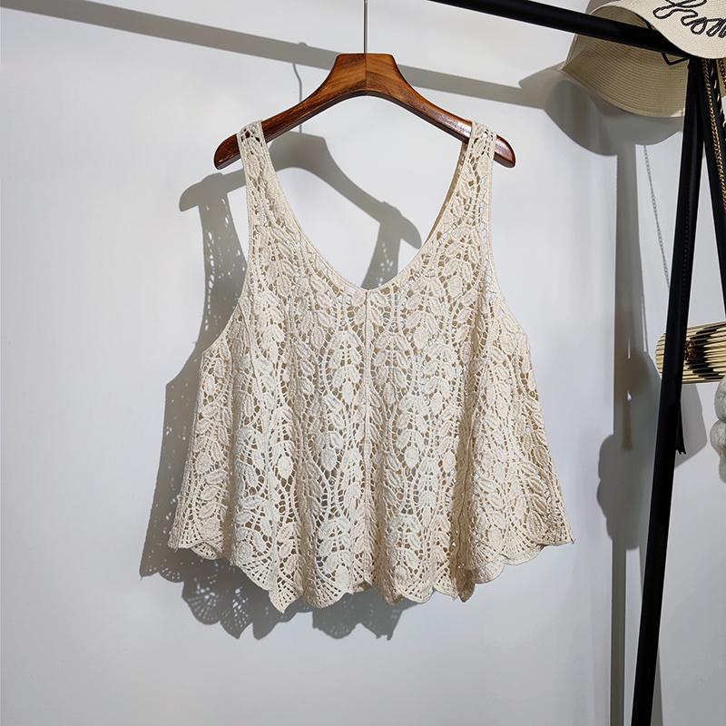Crochet Lace Tank Top Women Leaf Embroidery Hollow-out Sleeveless Knit Top Cover-up Vacation Bohemian Summer