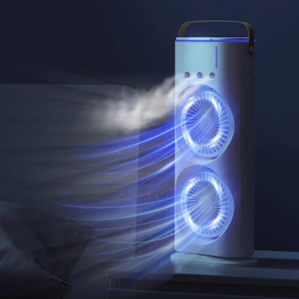 Çift Başlı Sprey Klima Fanı 3 Hız Şarj Edilebilir/USB Masa Hava Soğutucu Gece Lambası Uzaktan Kumandalı Ofis Ev için