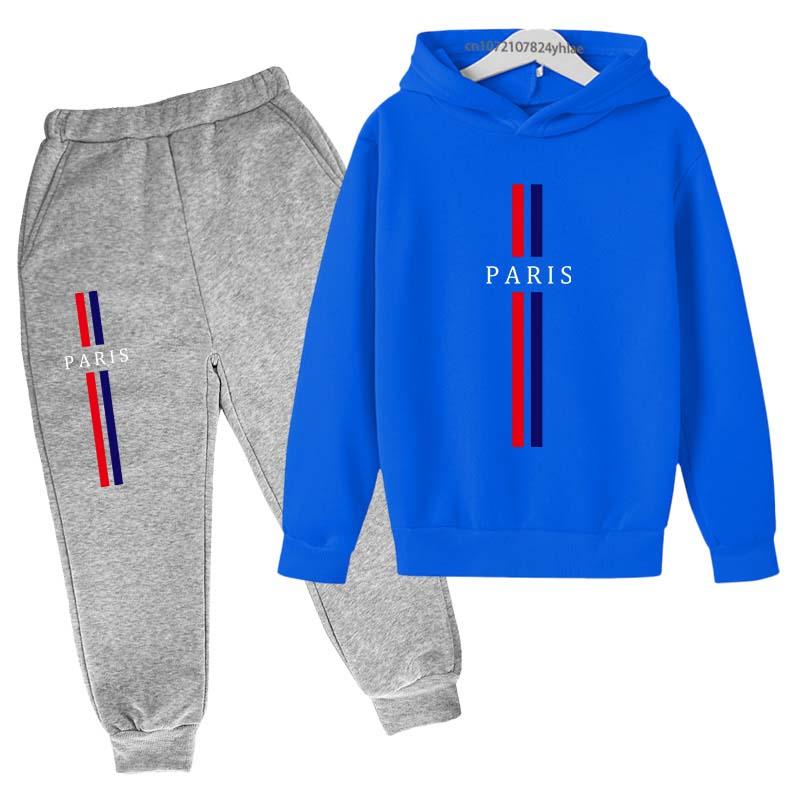 Jungen und Mädchen Herbst Freizeit Buchstabe Paris Aufdruck Hoodie+Hosen Anzug Mode Einfach Sport 2-teiliges Set Sport Trainingsanzug