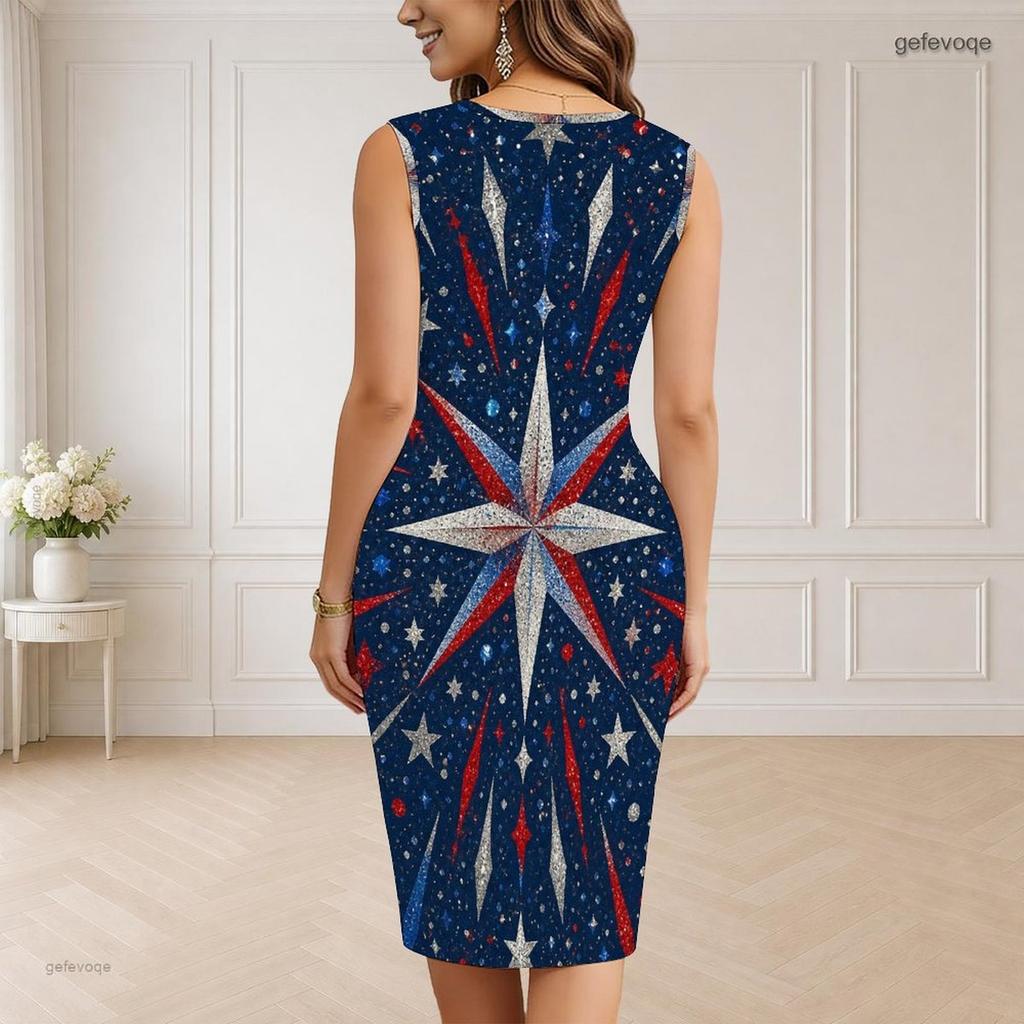 Women Plus Size V Neck Sleeveless White Printed Bodycon Midi Dress