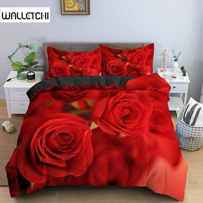 Juego de cama con estampado 3D de flores de rosas, funda de edredón con cremallera, funda de edredón de poliéster tamaño queen, regalo de San Valentín