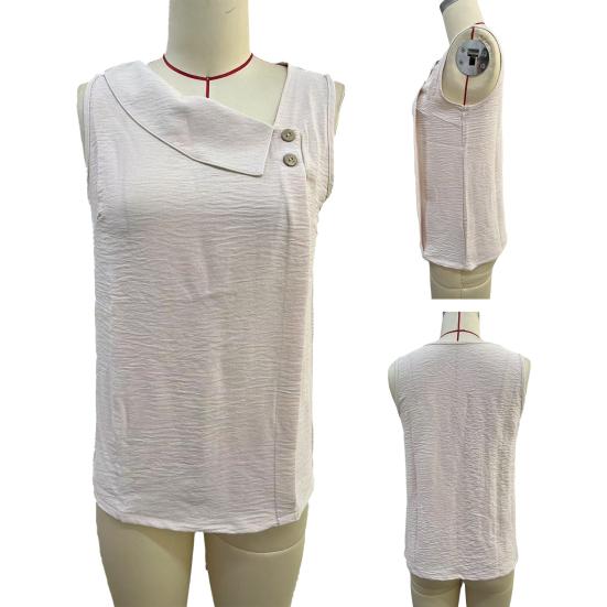Women Tops Skew Collar Sleeveless Loose Fit Casual Tops Pure Color Buttons Decor Pullover
