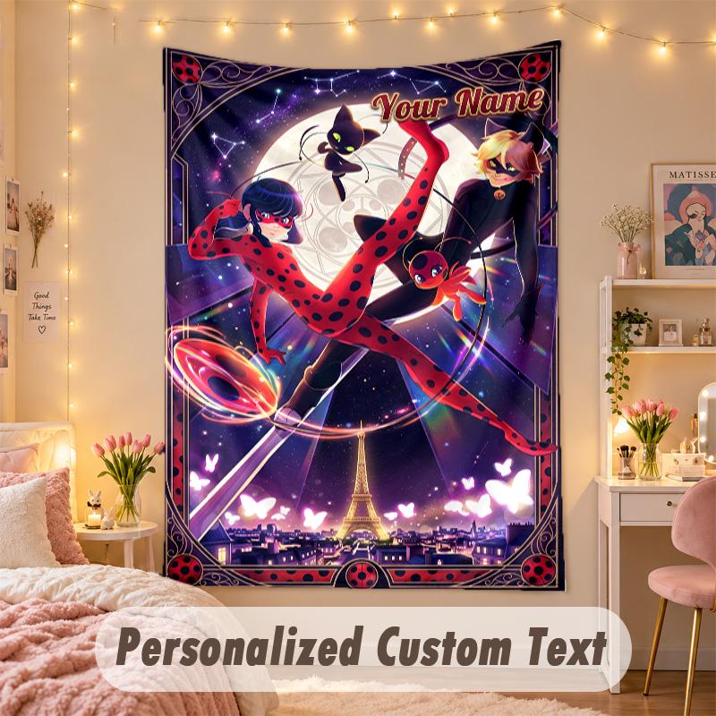 Custom Personalized Tapestry,Miraculous Ladybug Print Custom Name Text Wall Art Hanging for Bedroom