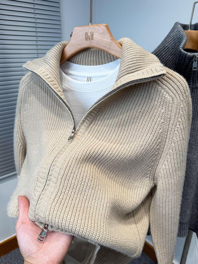 Men's Double Zipper High Neck Cardigan Knit Sweater - Autumn/Winter 2025 Trendy Casual Outerwear