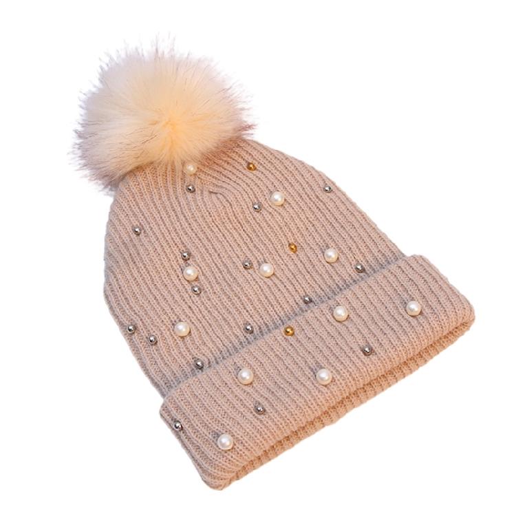Solid Color Pearl Pompom Wool Hat Knitted Hat Beanie Hat Thicken Stretchable