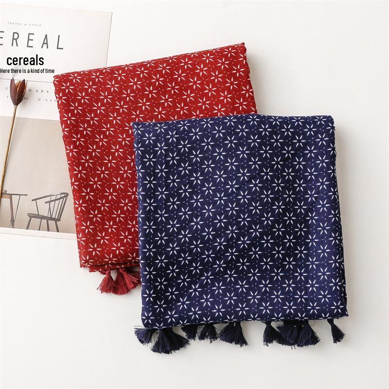 Retro Bohemian Ethnic Cotton Linen Scarf with Hexagram Tassels