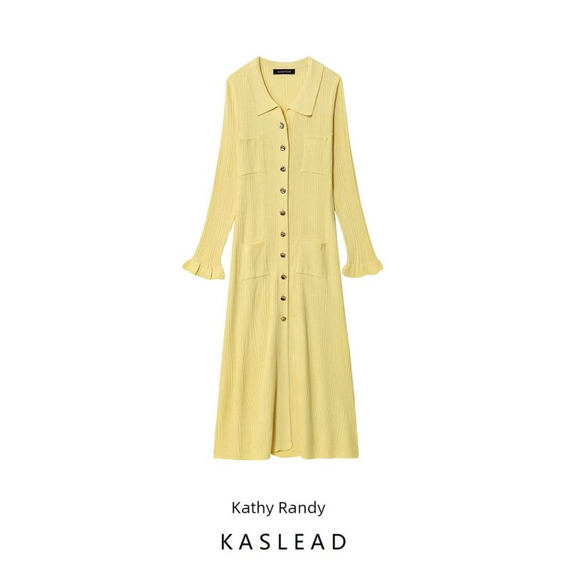 Kaslead New Women clothes Western Style Simple French style Elegant Lapel Single Breasted Long sleeve dress