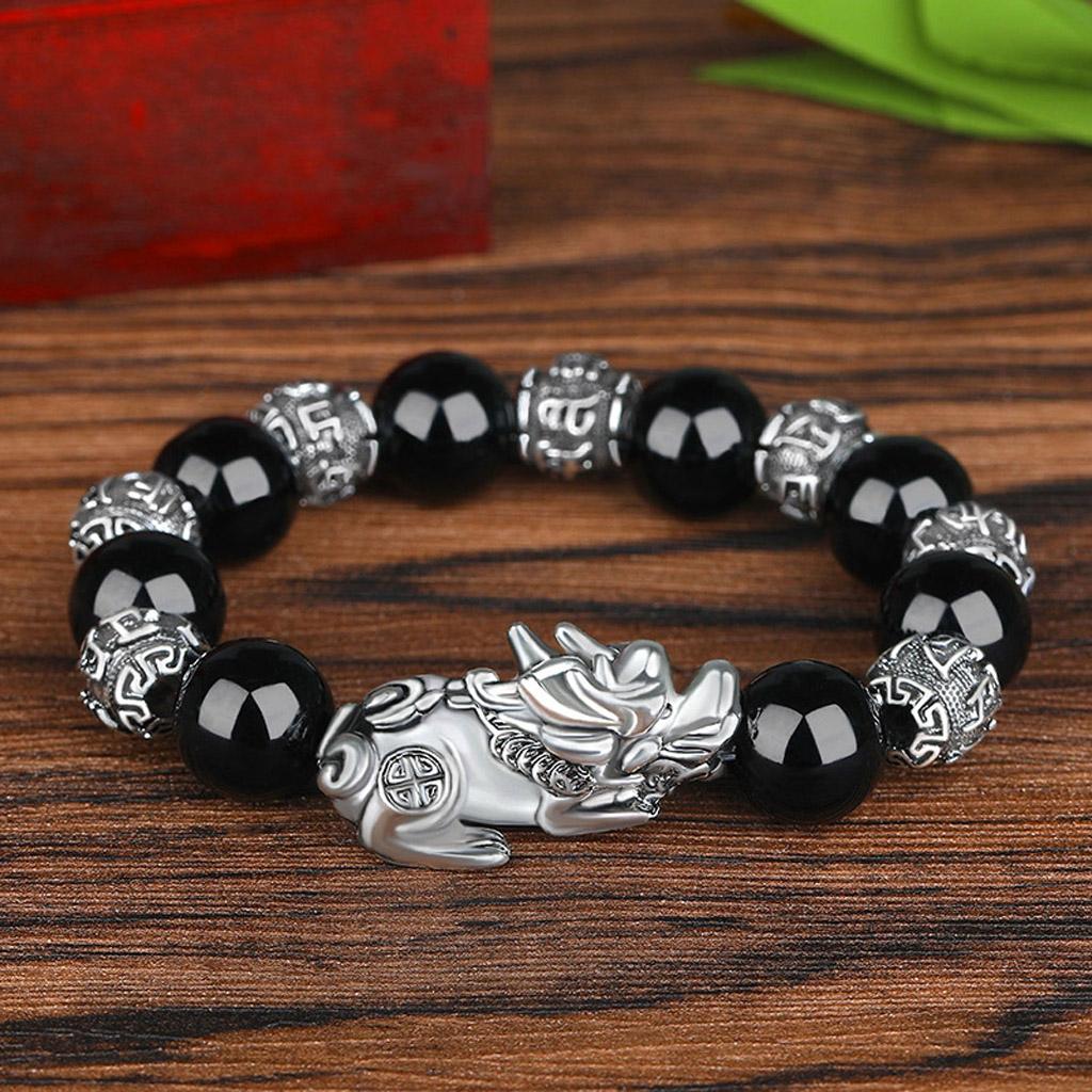 Men Six Words Pixiu Bead Bracelet Elegant Black Obsidian Stone Bracelets Chains