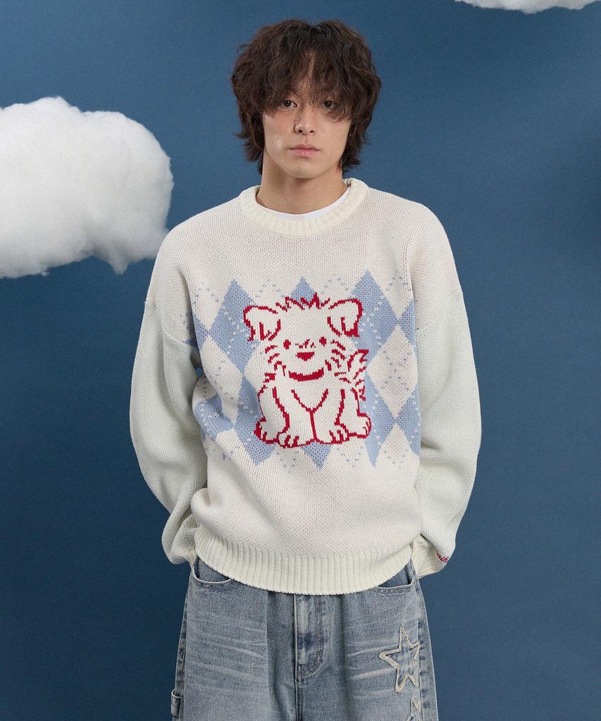 WAIKEI Drawing Puppy Argyle Knit Brown