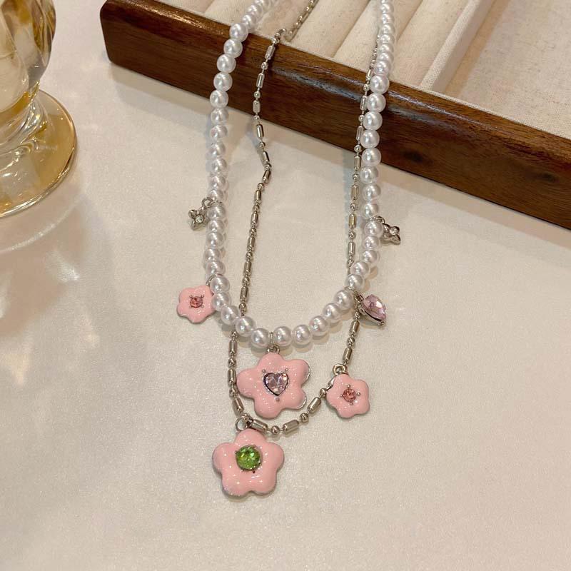 New Fashion Geometric Flower Colorful Diamond Double Layer Layered Necklace for Women