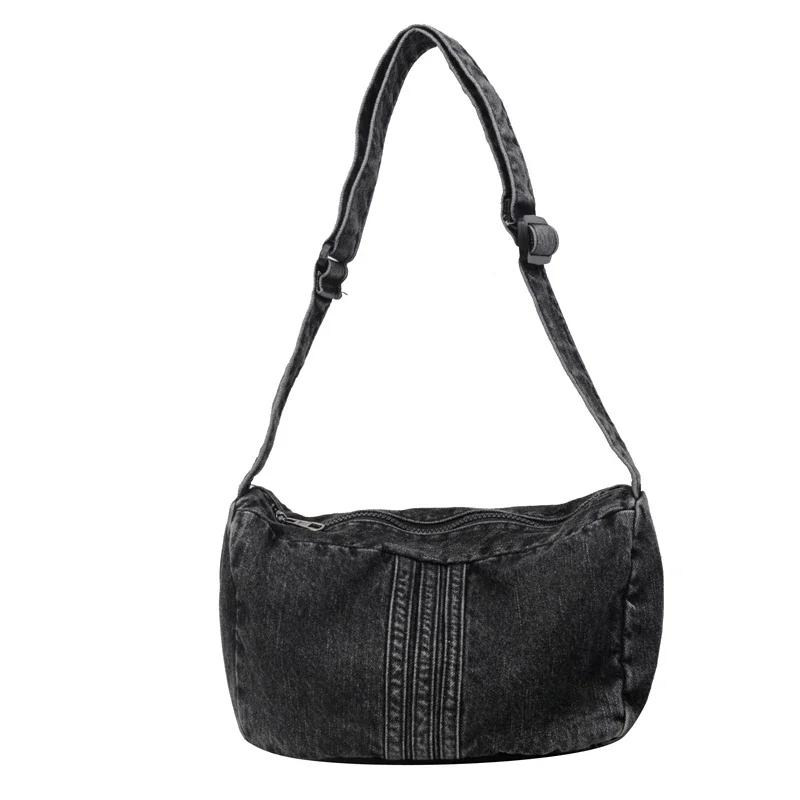 Casual Denim Shoulder Bags for Women  Sewing Line  Zipper  Versatile Shoulder Bags  Large Capacity  Elegant  New