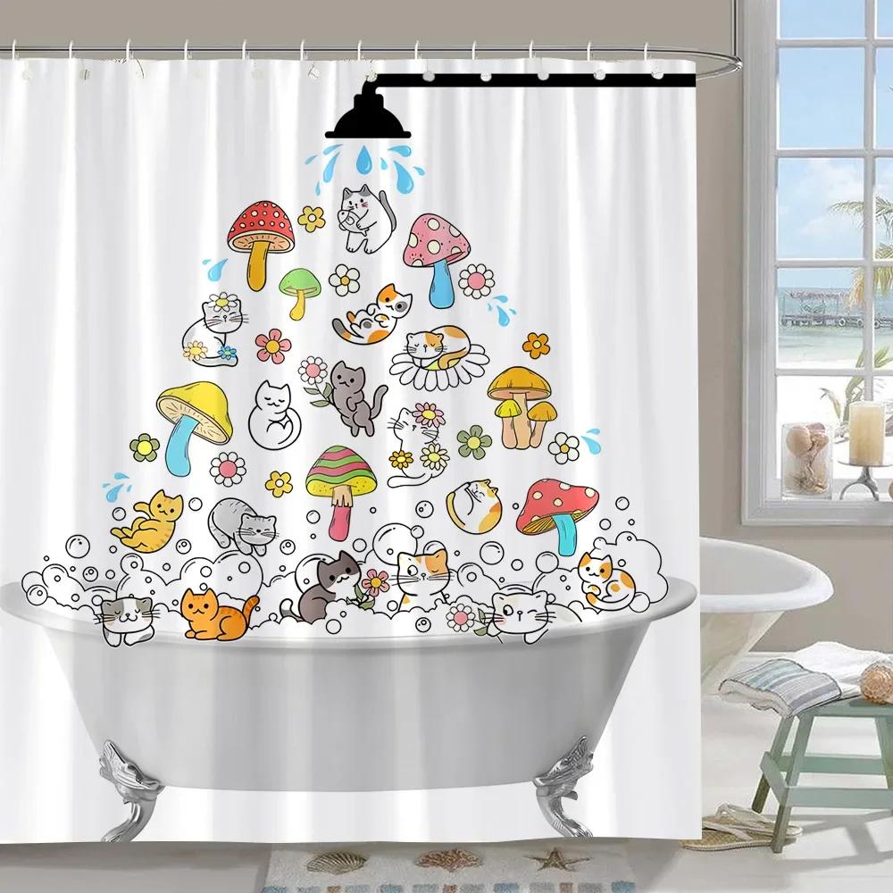 Cute Funny Dog Shower Curtain Cat Riding Dinosaur Funny Pet Cartoon Shower Curtain Boys Girls Bathroom Decor Shower Curtains