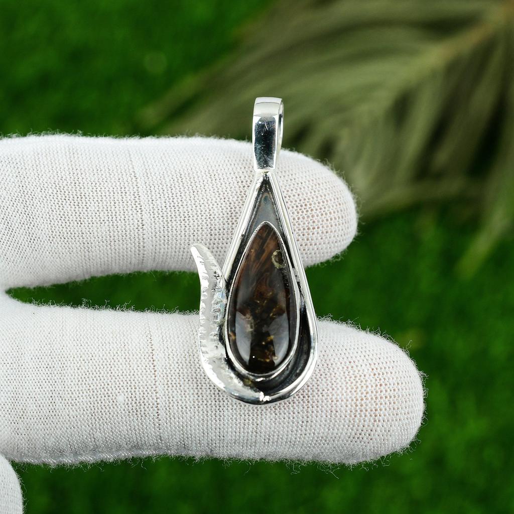 Sterling Silver Pear Stick Agate Gemstone Bezel Elegant Daughter Ethnic Pendant