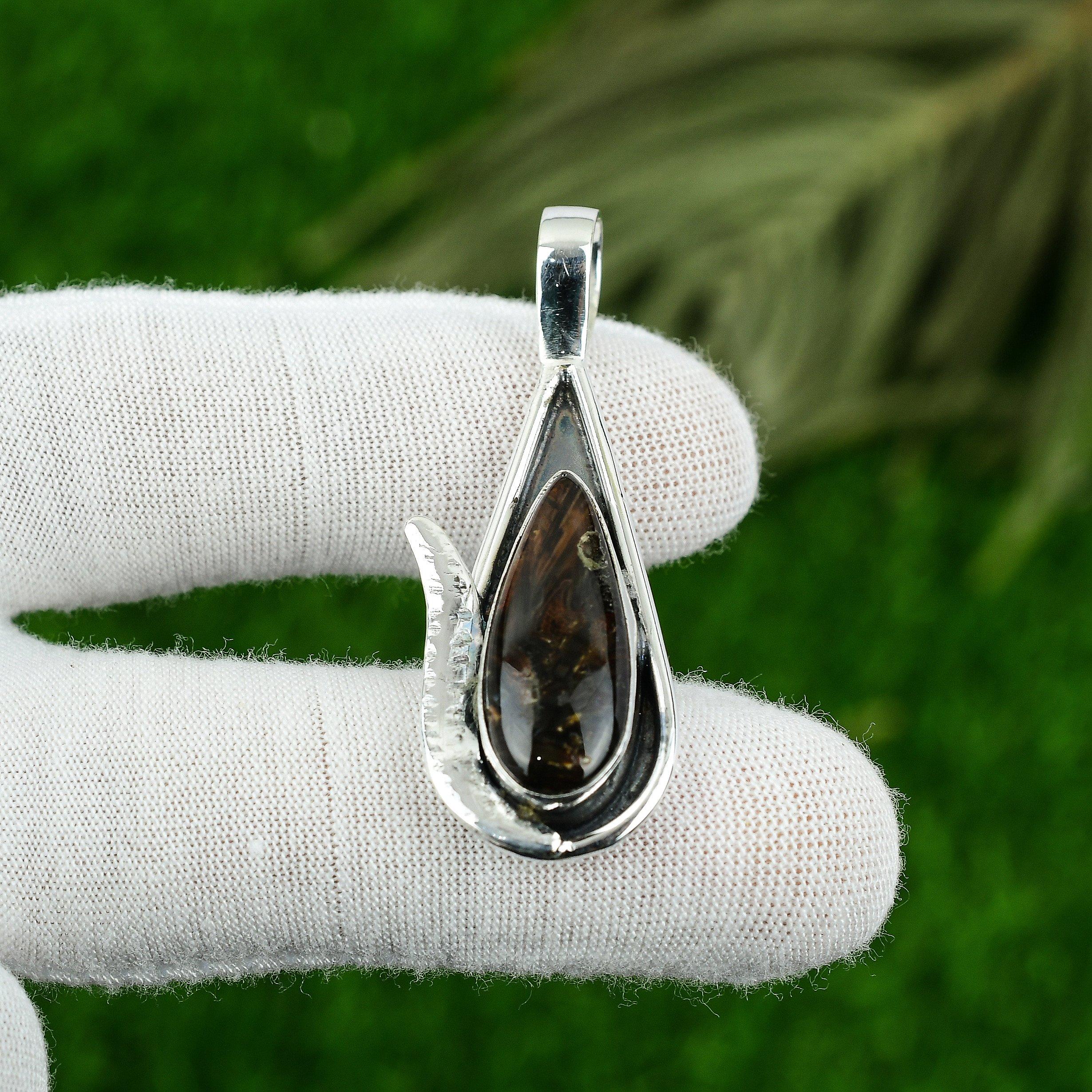 Sterling Silver Pear Stick Agate Gemstone Bezel Elegant Daughter Ethnic Pendant