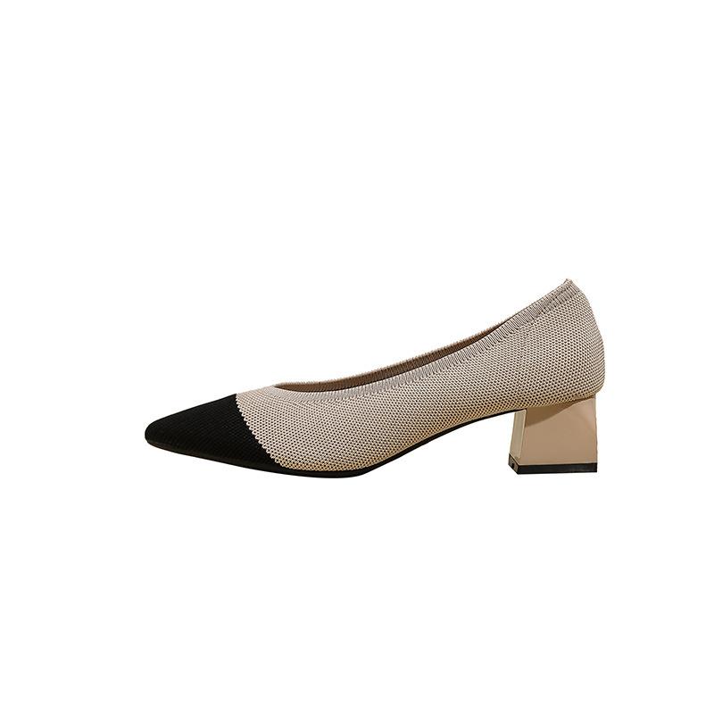 New Pointed Head Light Mouth Woven Shoes Medium Heel Flying Woven Breathable Thick Heel Color Matching High Heels