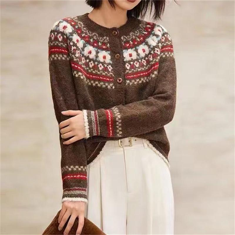 Women's Retro Fair Isle Color Block Knit Cardigan Sweater, Autumn Winter 2026 Trendy Loose Fit Casual Coat