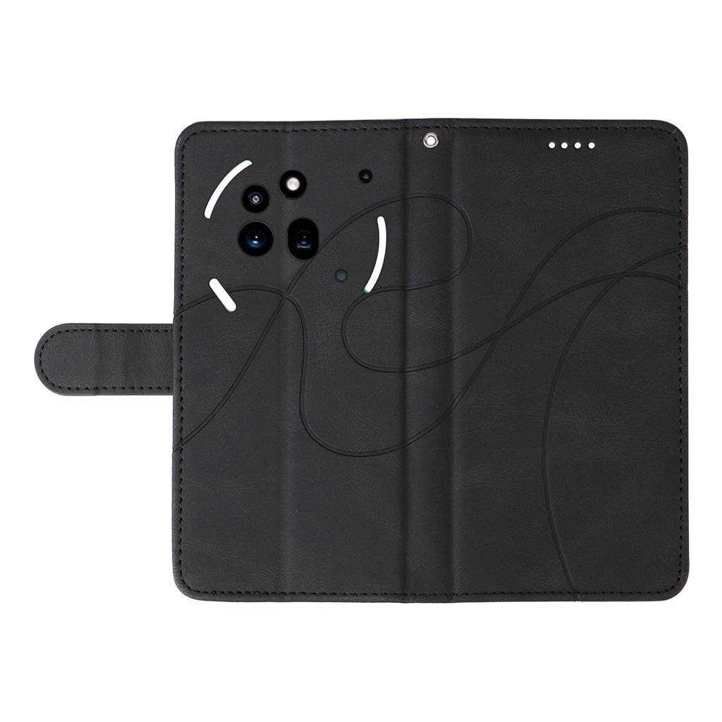 For Nothing Phone (3a) Pro Wallet Case Leather Phone Cover Stand with Curved Line Design -  Black