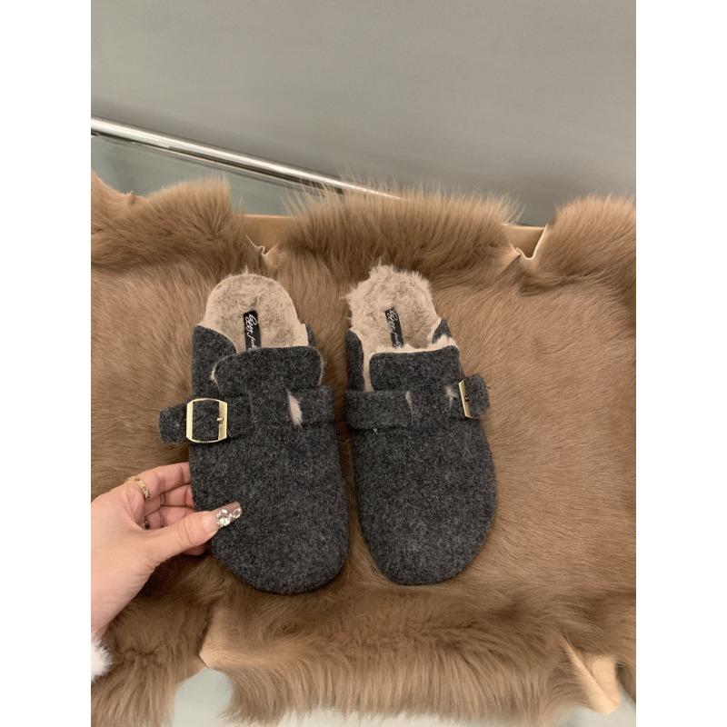 Retro belt buckle velvet slippers women's new lazy one-pedal warm bag head slippers