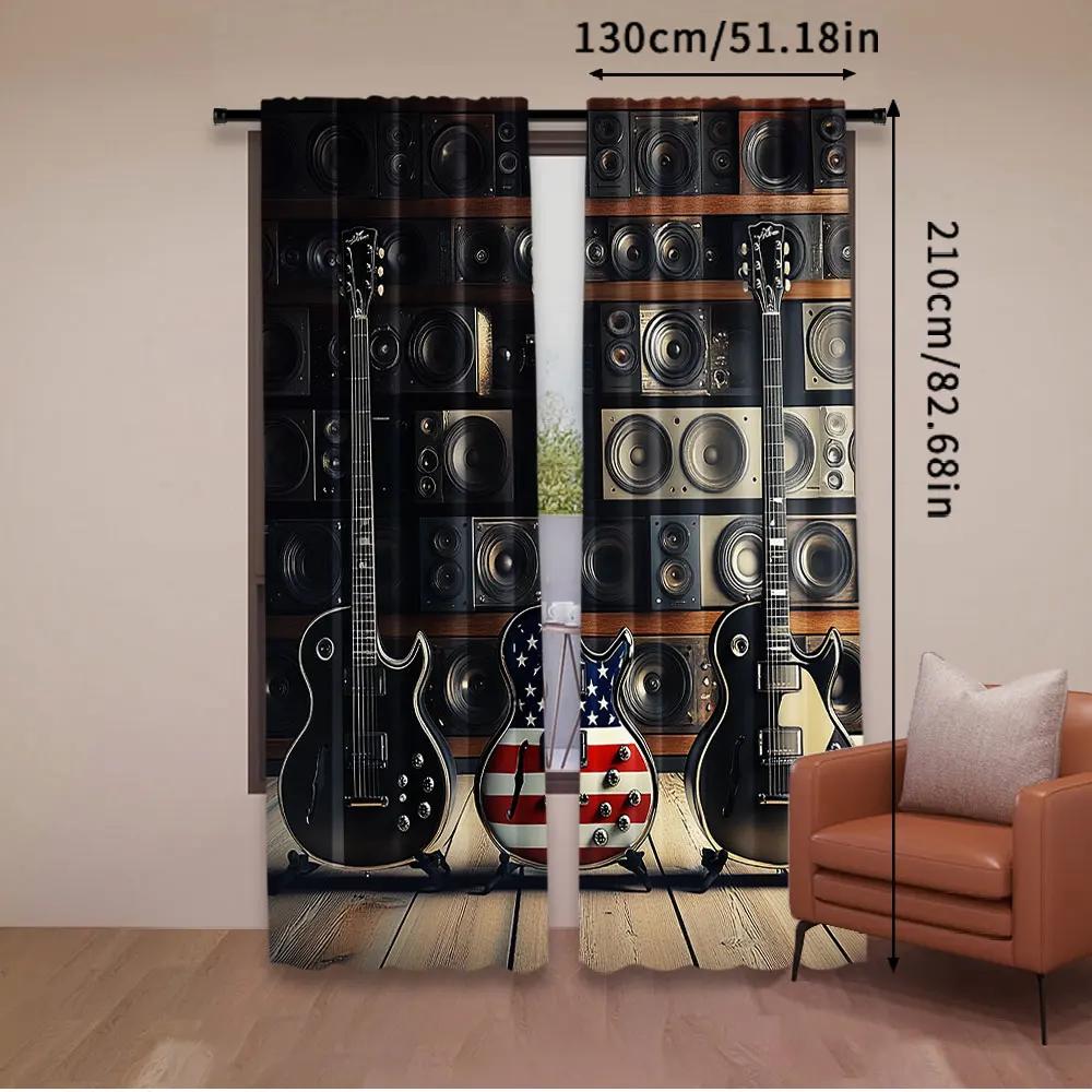 Set Of 2 American Flag Curtain Black Us Bass Guitar Electronic Rock Music Theme Bedroom Living Room Dining For Great Made Polyester