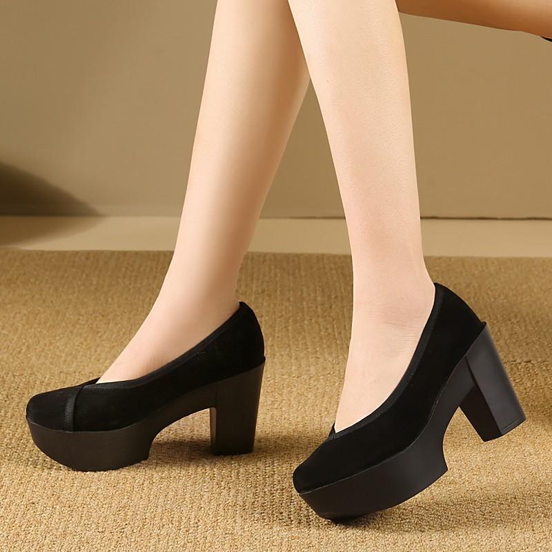 

Retro 2026 Spring New Shallow Round Toe Suede Block Heel High Heels Women s Singles 42 чорний