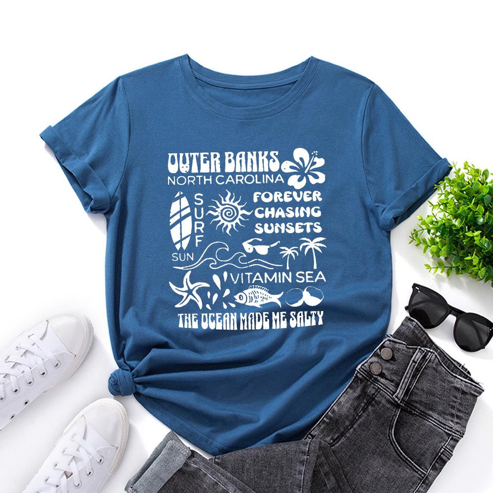 Alphabet Cotton T-Shirt Short Sleeve Round Neck Women 2d Print Tops