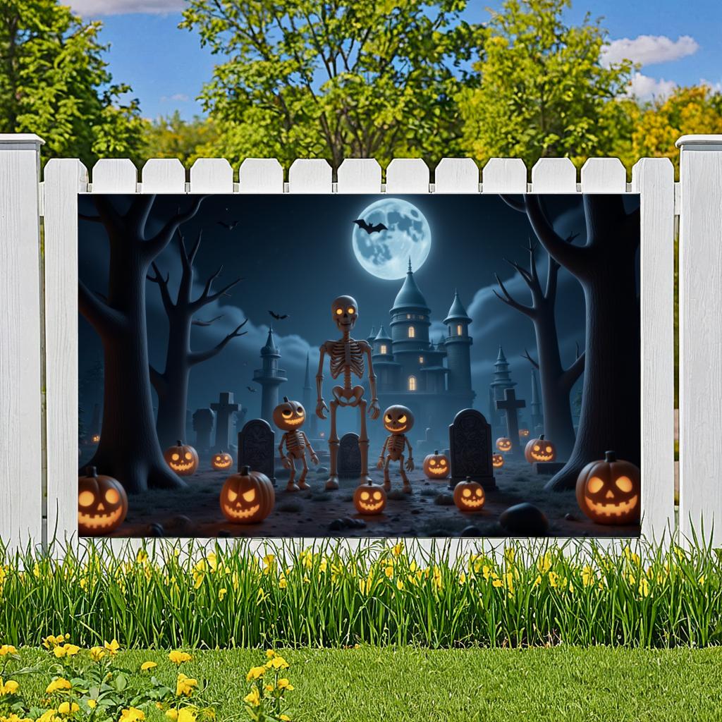 Scary Backdrop Skeleton Theme Spooky Decoration Halloween Night Banner Full Moon Halloween Banner For Scary Celebration Spooky