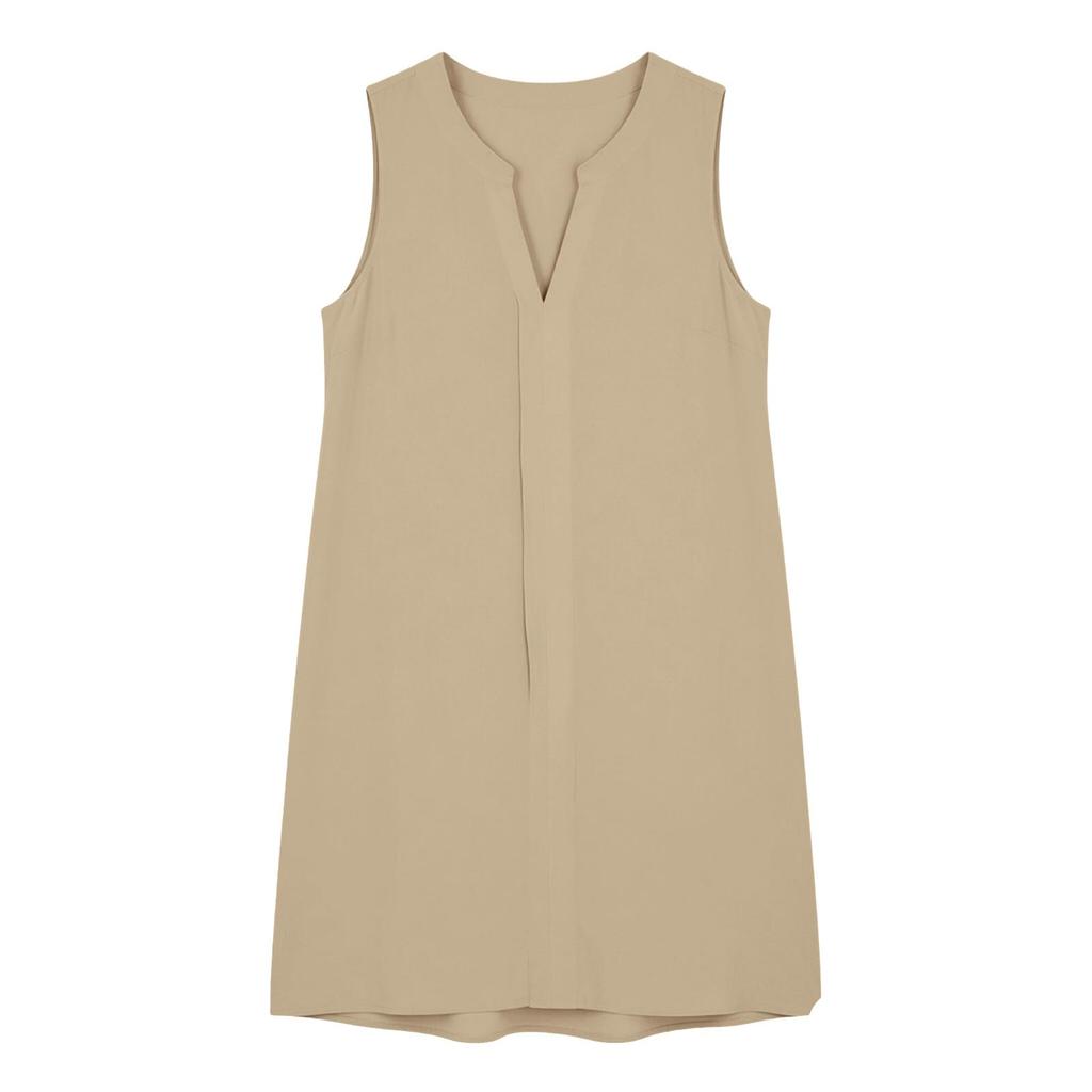 Women Sleeveless Dress Cut V Neck Tank Dress Pleated  Dresses