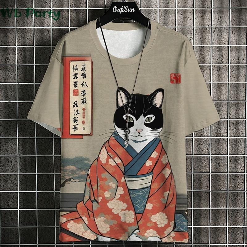 Japanisches Ukiyo-E T-Shirt Herren Tierdruck Grafik T-Shirts Vintage Herrenbekleidung Rundhals Kurzarm Tee Harajuku T-Shirt