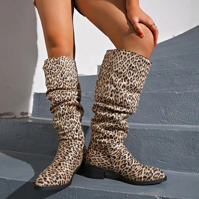 Fashion Autumn/winter New Pointed Pleated Pu Knight Boots for Women Shoe Retro Square Heeled Knee High Western Cowboy Boot Leopard Print