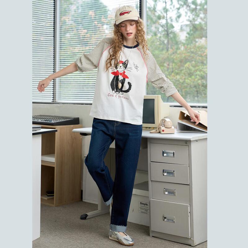 a02 Women's Casual Crew Neck Long Sleeve Cartoon Graphic Cotton T-Shirt