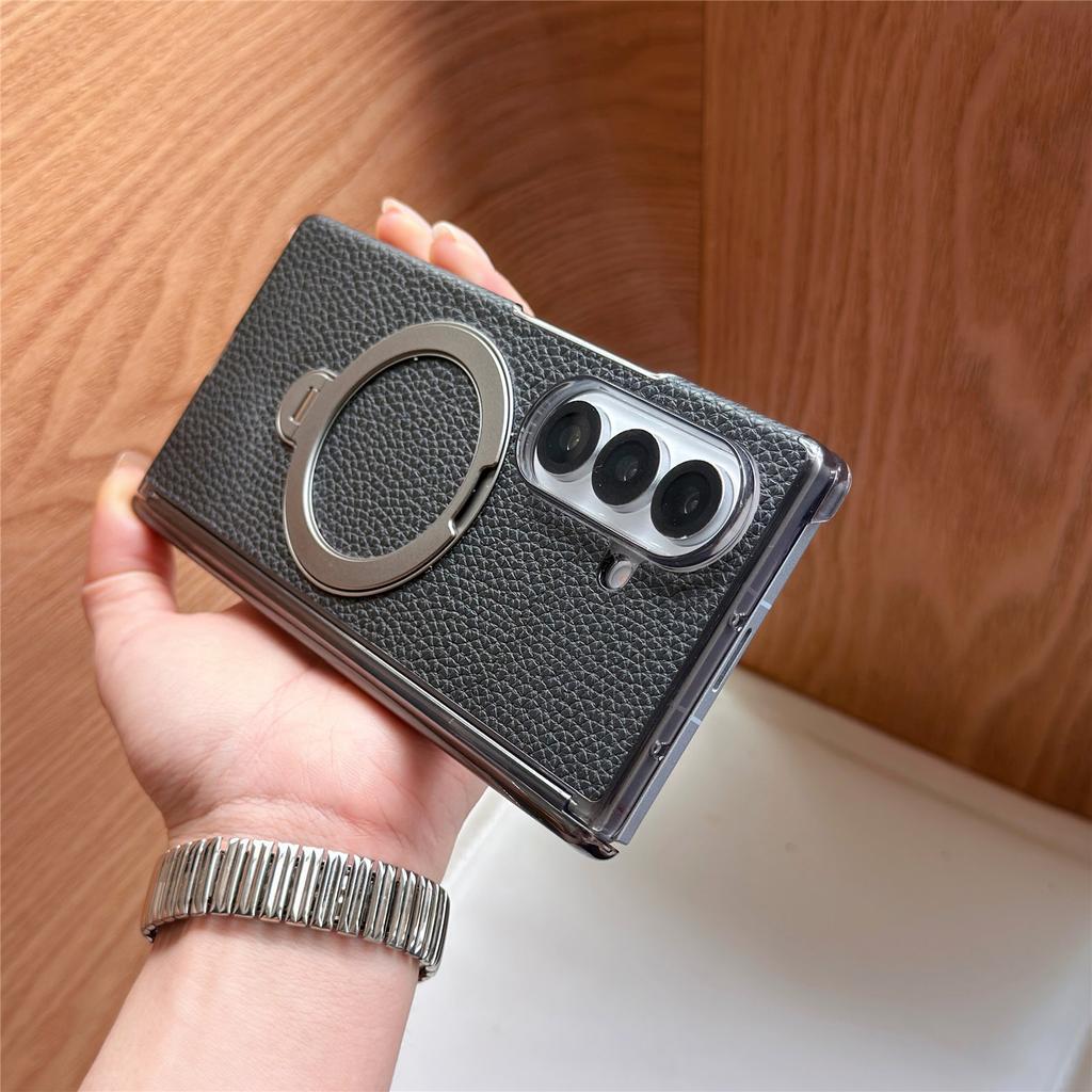 360 Rotating Kickstand Magnetic Lychee Grain Leather Phone Case for Samsung Z Fold 7 6 5 4 Comfortable Grip Shockproof Cover
