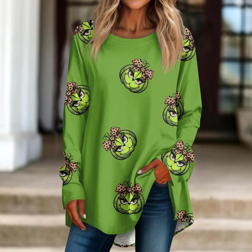 Damen Weihnachtsdruck Langarmshirt Rundhals Pullover T-Shirt Top Pullover