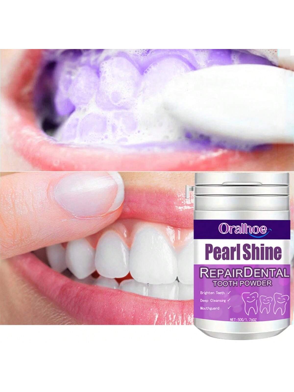 

1 шт., 50 г, порошок для ремонта зубов, отбеливающий порошок для удаления зубного налета, отбеливание, удаление остатков полости рта после еды фиолетовый