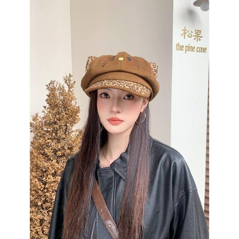 Cute Leopard Print Ears Octagonal Hat For Large Head Size Spring Autumn