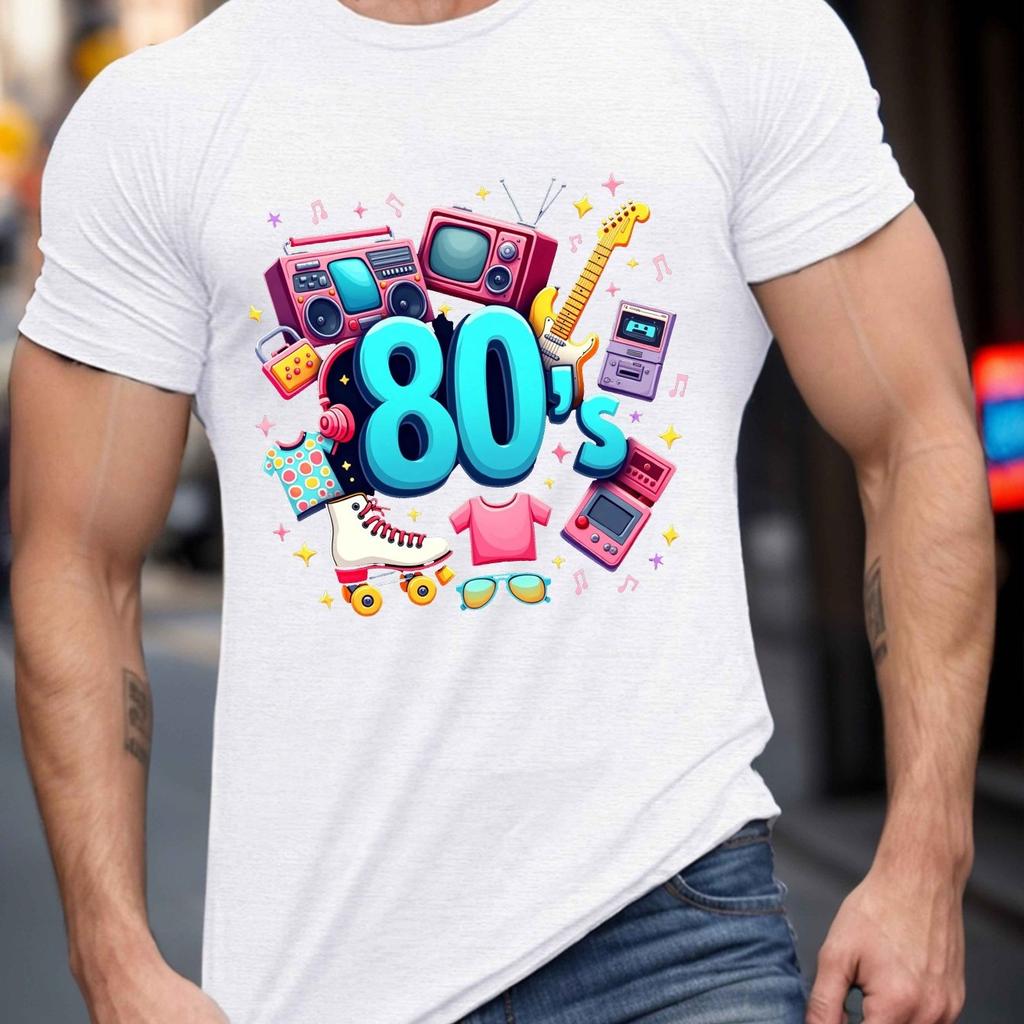 80s Retro Collage Graphic Tee Men Casual Round Neck Soft Cotton Short Sleeve TShirt