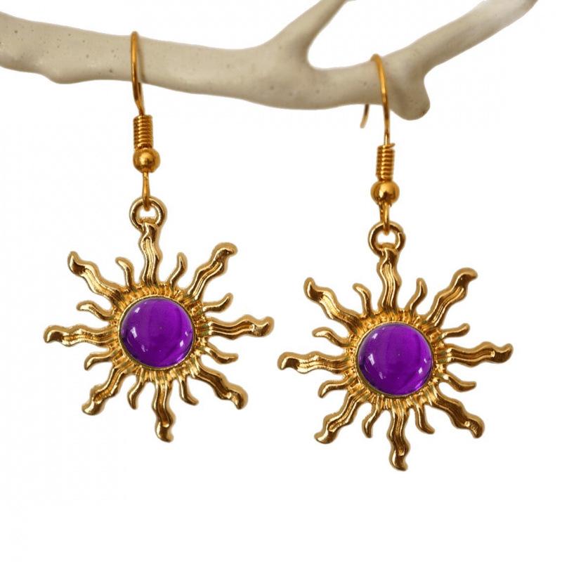 Gothic Cold Gold and Glass Purple Sun Earrings for Women