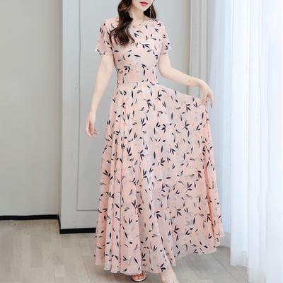 Damen Sommer Chiffon Fließendes Maxi Kleid Lässig A-Linie Kurzarm Rundhalsausschnitt Langes Kleid Floral Boho Strand Sommerkleid