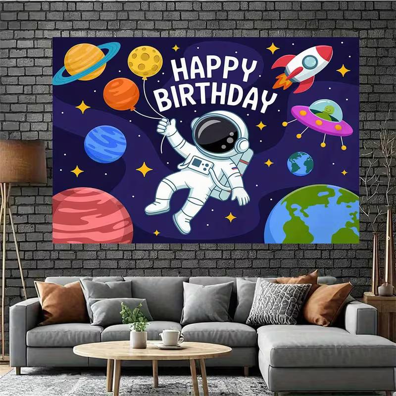 2D Astronaut Space Happy Birthday Backdrop Kids Birthday Party Photography Background Banner