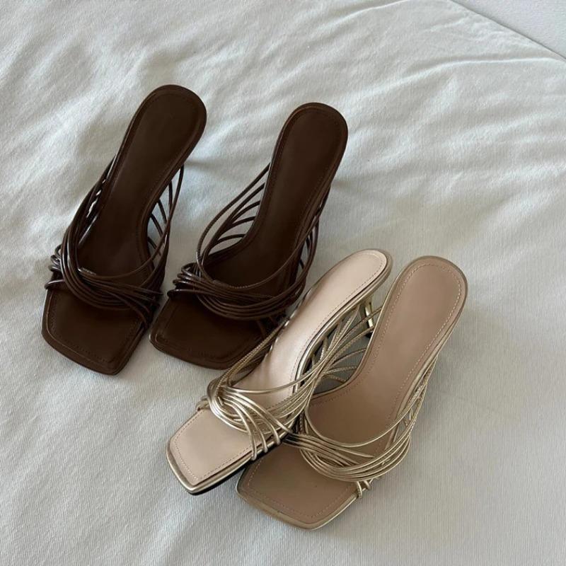 2025 New Summer Concise Narrow Band Women Slippers Fashion Thin Heels Party Pumps Mules Slide Shoes