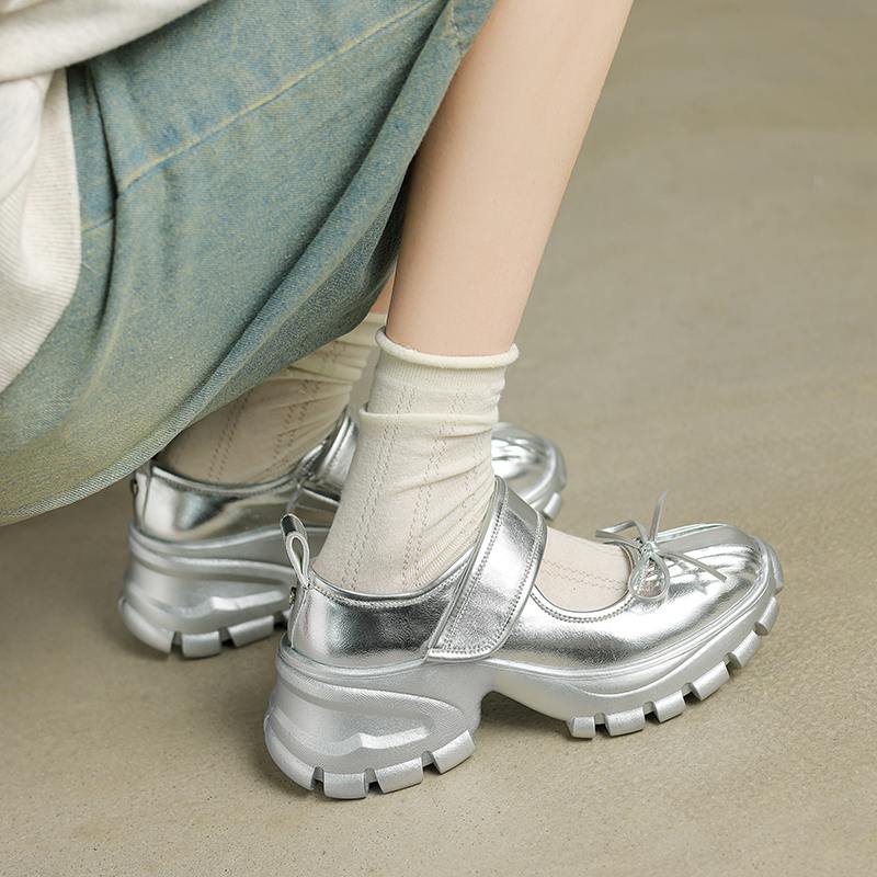 Krazing Pot Sheepskin Spring Autumn Summer Sneakers Platform Lace Up Silver Color Butterfly-knot Thick Bottom Women Fashion Shoes