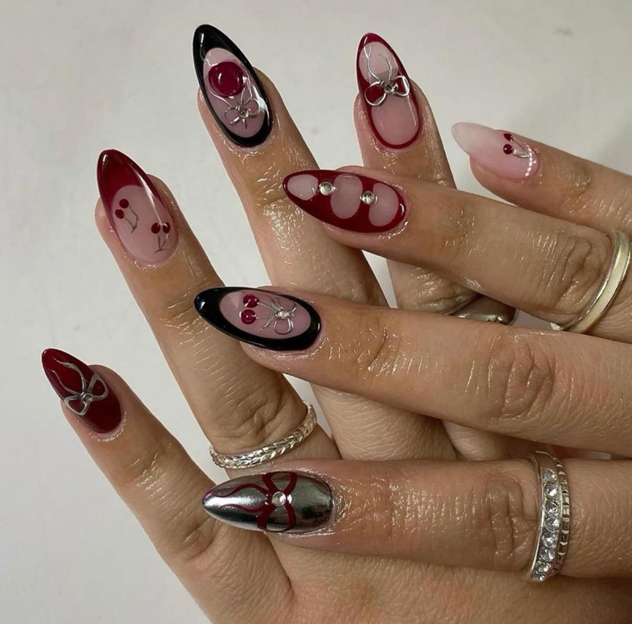 Almond 3D Cherry Red French Manicure False Nails - Wearable Nail Tips